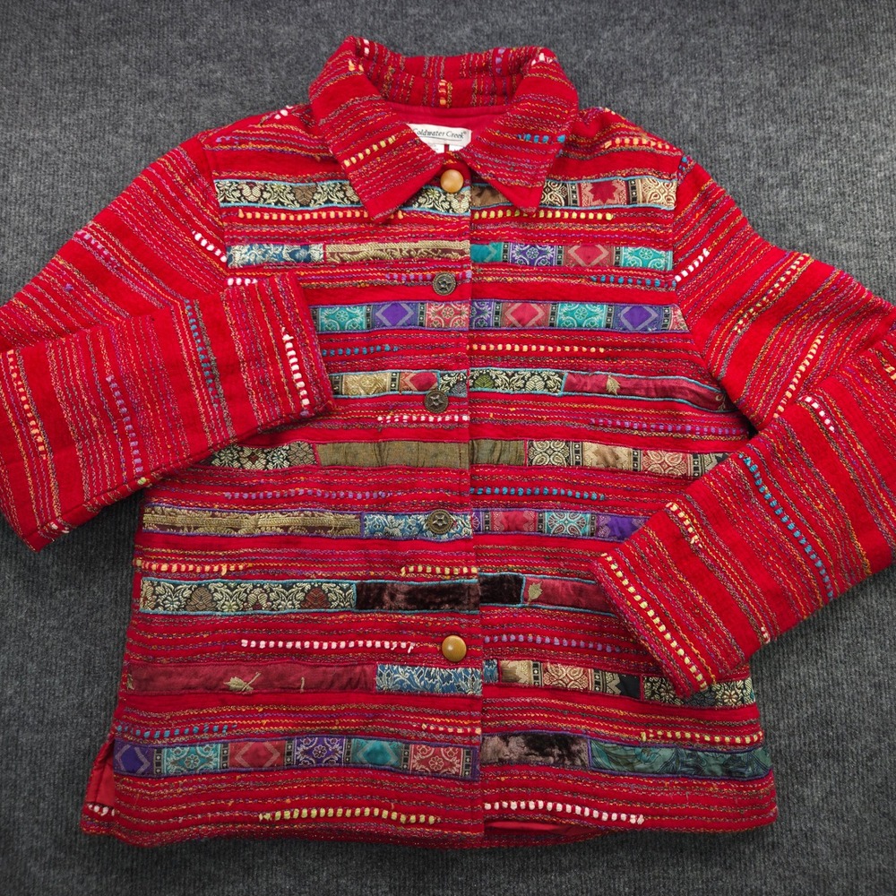 Coldwater Creek Jacket Women M Red Acrylic Blend Patchwork Embroidered Boho Coat - Picture 2 of 11